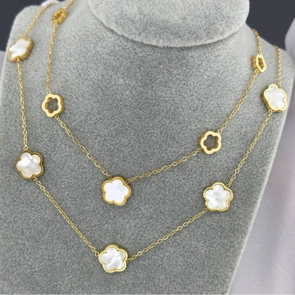 Anointed Beauty Boutique Jewelry - Gold and White Floral Necklace with Dainty Chain set of earrings